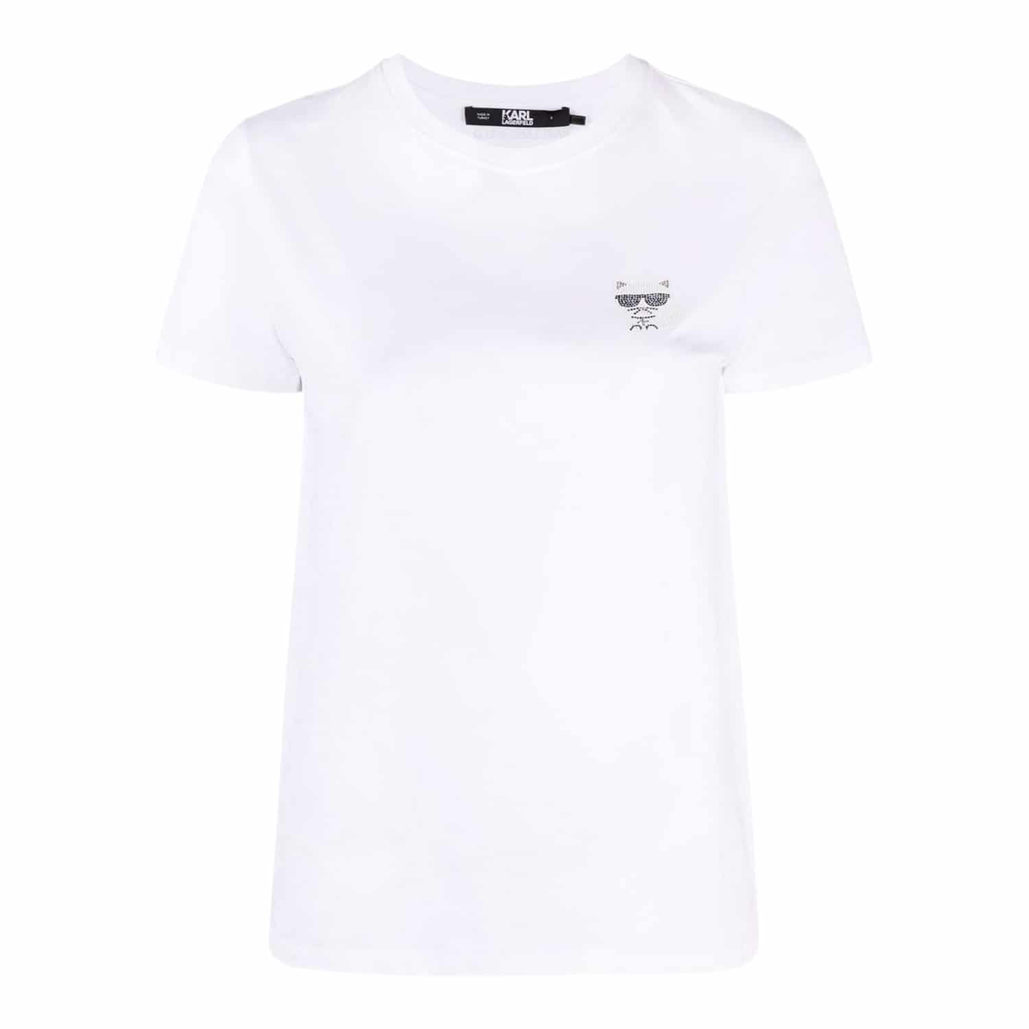 Karl Lagerfeld White T-shirt with Rhinestone Kat - LAURA THOMSEN LUXURY